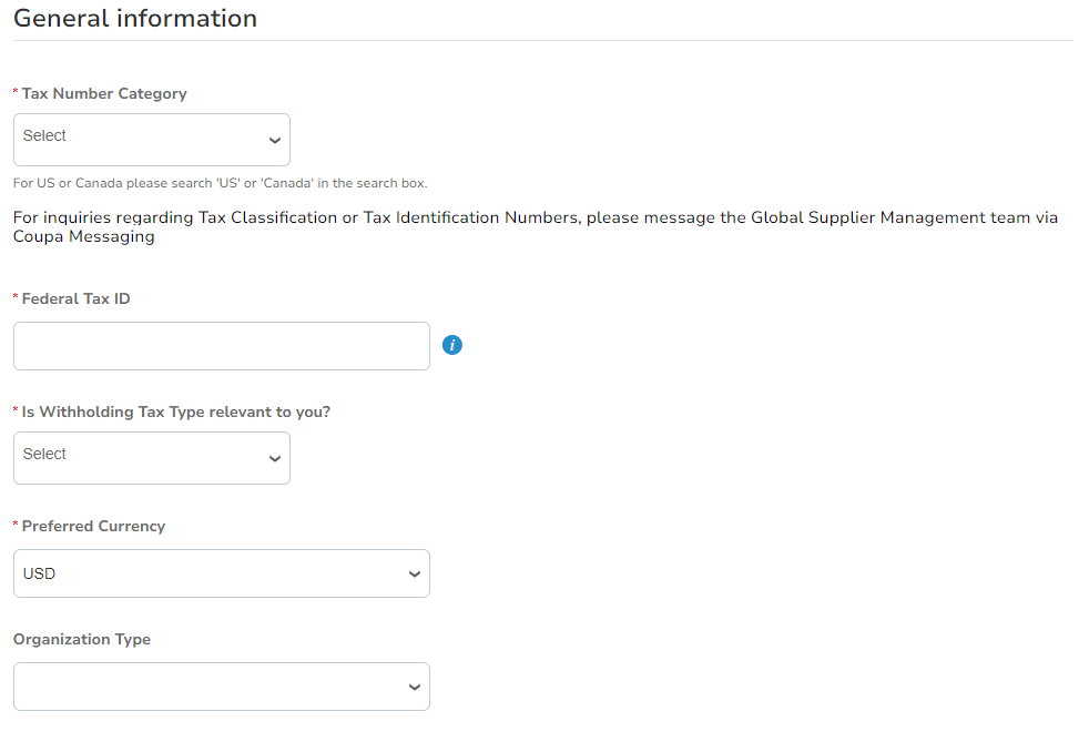Screenshot of general information form on the Coupa Supplier Portal.